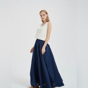 Dark blue linen skirt. Long. @ size 0P. Unlined.